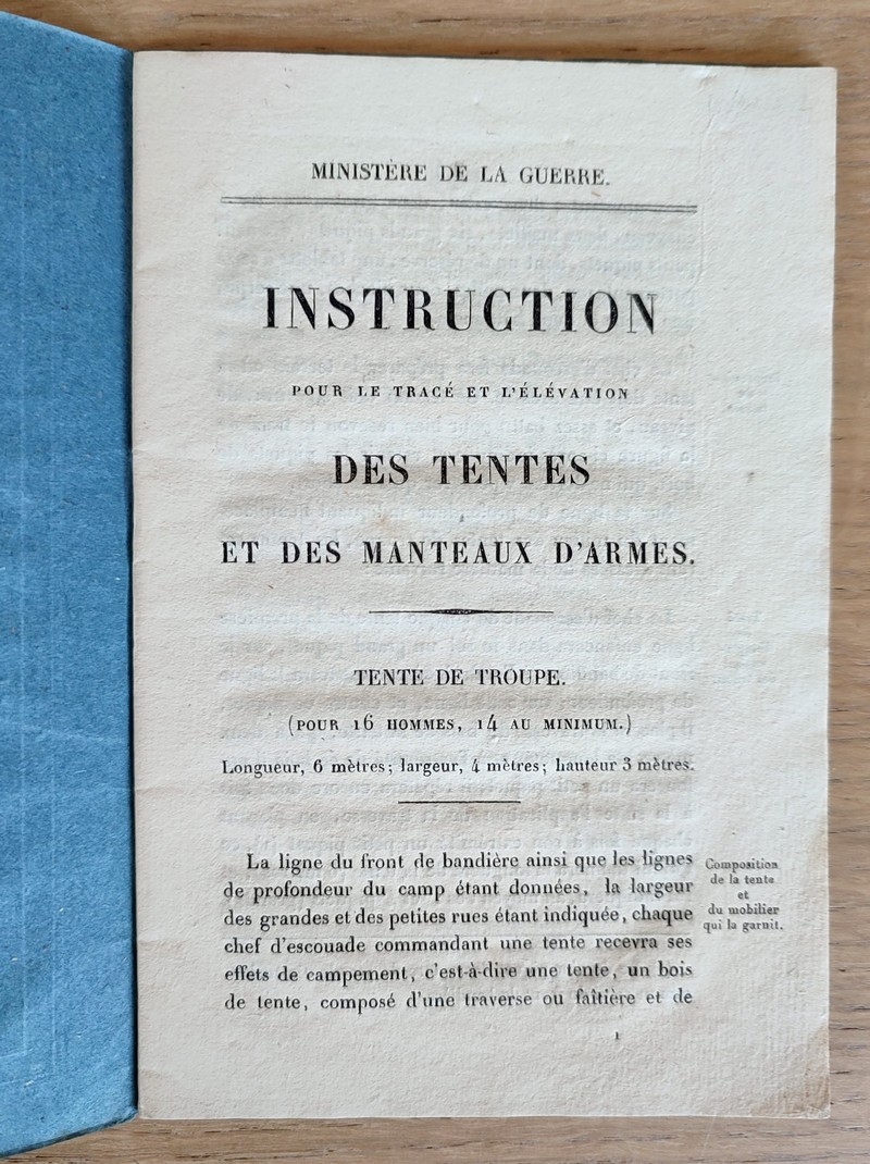 Instruction pour le tracé et l'élévation des Tentes et des Manteaux d'Armes. 14 juin 1843, Ministère de la guerre