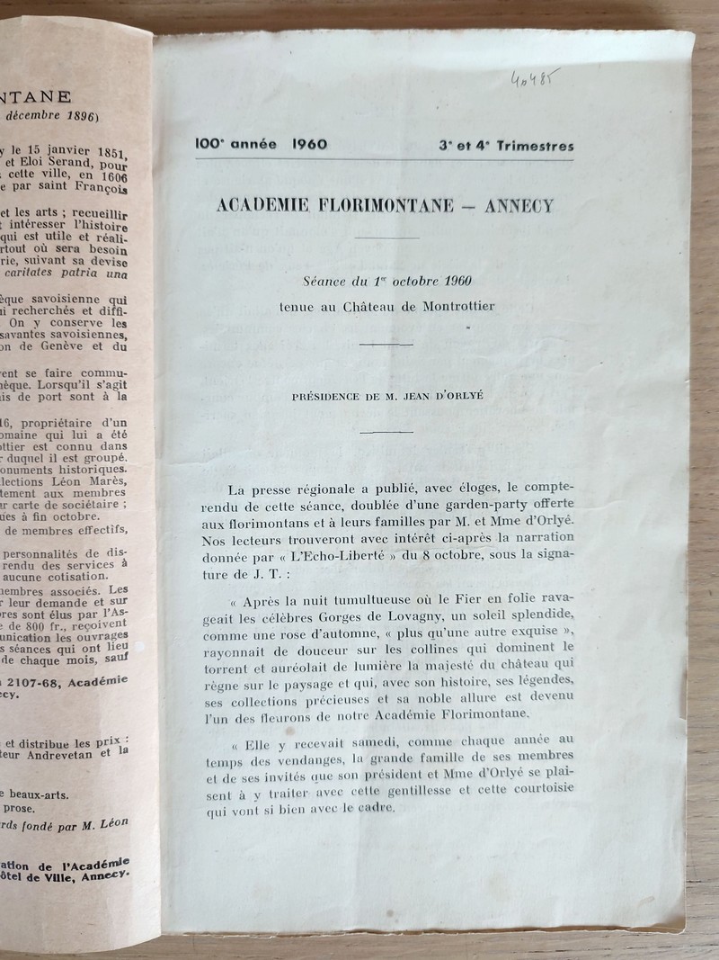 Revue Savoisienne, 1960, 100ème année, 3ème et 4ème trimestres 1960