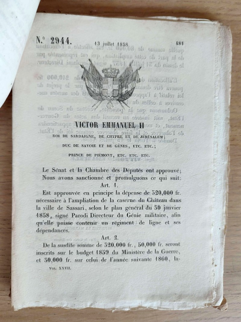 Victor Emmanuel II, Roi de Sardaigne, de Chypre et de Jérusalem, Duc de Savoie et de Gênes, Prince de Piémont... 6 décrets, traités ou édits royaux du N° 2941 du du 29 juillet 1858 au N° 2946 du 31 juillet 1858