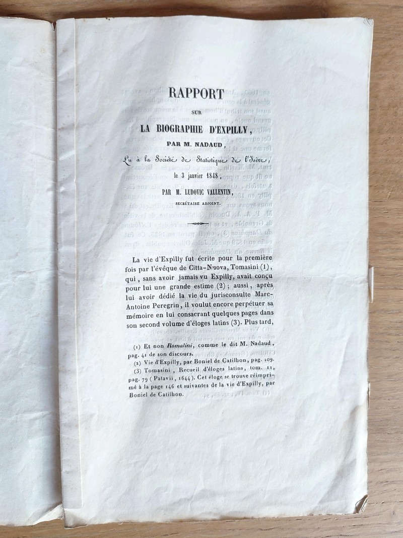 Rapport sur la biographie d'Expilly, lu à la société de statistique de l'Isère le 3 janvier 1848 par Ludovic Vallentin