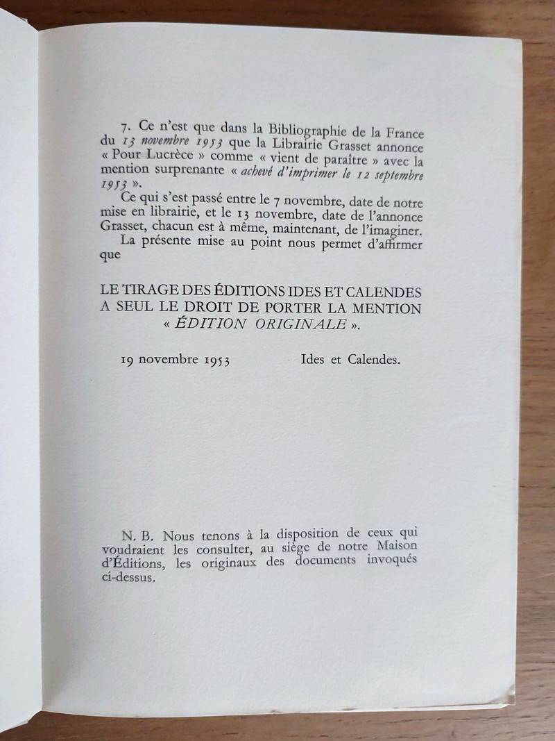 Pour Lucrèce (édition originale) L'Apollon de Bellac